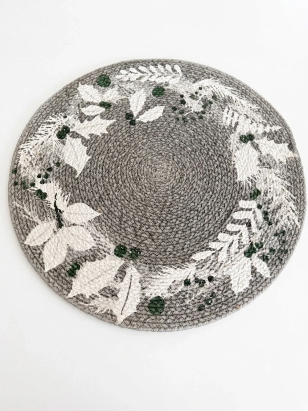 Set of 6 Braided Cotton Placemats - Gray Holly Leaf Winter Holiday